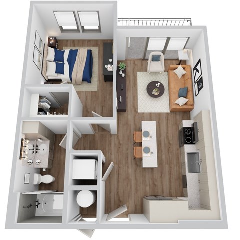 A 3D rendering of A1 floor plan at Era apartments in Denton, TX